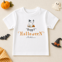 Personalised Halloween Ghost with Witch Hat T-Shirt for Kids