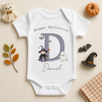 Personalised Halloween Baby Vest Bodysuit, Lilac Initial with Witch and Ghost