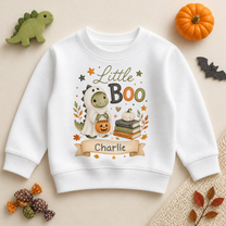 Personalised Little Boo Dinosaur Halloween Kids Sweatshirt, Ghost Sheet, Books and Pumpkin