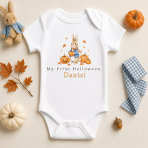 Personalised My First Halloween Baby Vest Bodysuit, Bunny in Blue Coat Holding a Pumpkin