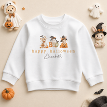 Personalised Boo Halloween Kids Sweatshirt, Bear in Ghost Costume with Bunny and Pumpkins
