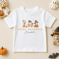 Personalised Happy Halloween Kids T-Shirt, Boo Teddy in Ghost Costume with Bunny and Pumpkins