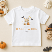 Personalised Halloween Kids T-Shirt, Teddy Bear in Ghost Costume with Pumpkin Bucket
