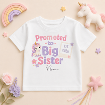 Personalised Promoted to Big Sister Kids T-Shirt for Girls, Unicorn Signboard with Name and Date