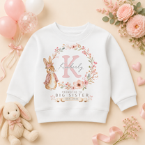 Personalised Promoted to Big Sister Initial Letter Kids Sweatshirt for Girls, Bunny and Floral Wreath with Name and Date