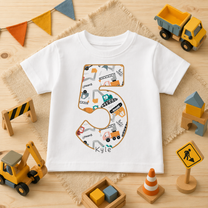 Personalised Name Kids T-Shirt 5th Birthday Construction Vehicles Excavator Crane Digger Number Five Gift Idea