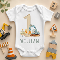 Personalised 1st Birthday Baby Vest Bodysuit Construction Digger Cake Smash