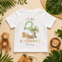 Personalised Name Kids T-Shirt It's My 3rd Birthday Safari Lion Tiger Palm Jungle for Toddler Gift