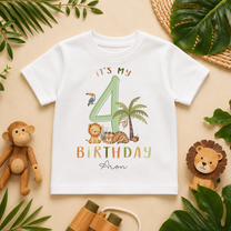 Personalised Name Kids T-Shirt 4th Birthday Safari Lion Tiger Palm Tree Jungle Animals Gift Idea
