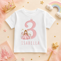 Personalised Name Girls T-Shirt 3rd Birthday Princess Crown Rainbow Stars Script for Kids Gift