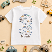 Personalised Name Kids T-Shirt 3rd Birthday Number 3 Racing Cars Speech Bubbles for Toddler Gift