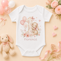 Personalised 1st Birthday Bunny Baby Vest Bodysuit, Blush Pink Floral Number One with Name