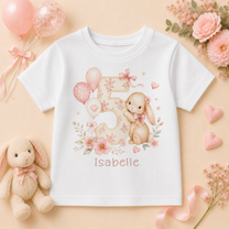 Personalised 5th Birthday Pink Bunny Kids T-Shirt for Girls, Floral Watercolour Top with Name and Age