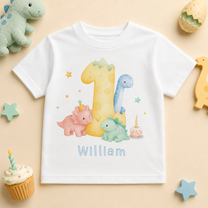 Personalised 1st Birthday Dinosaur Kids T-Shirt, Pastel Number One with Name