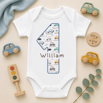 Personalised 1st Birthday Cars Baby Vest Bodysuit for Boys, Number 1 Filled with Vehicles