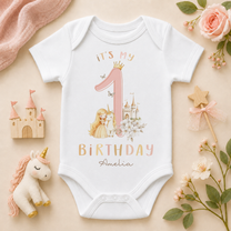 Personalised 1st Birthday Princess Baby Vest Bodysuit for Girls, Number 1 Castle Unicorn Crown
