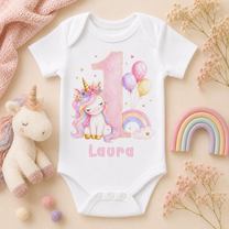 Personalised 1st Birthday Unicorn Baby Vest Bodysuit for Girls, Pink Rainbow Balloons