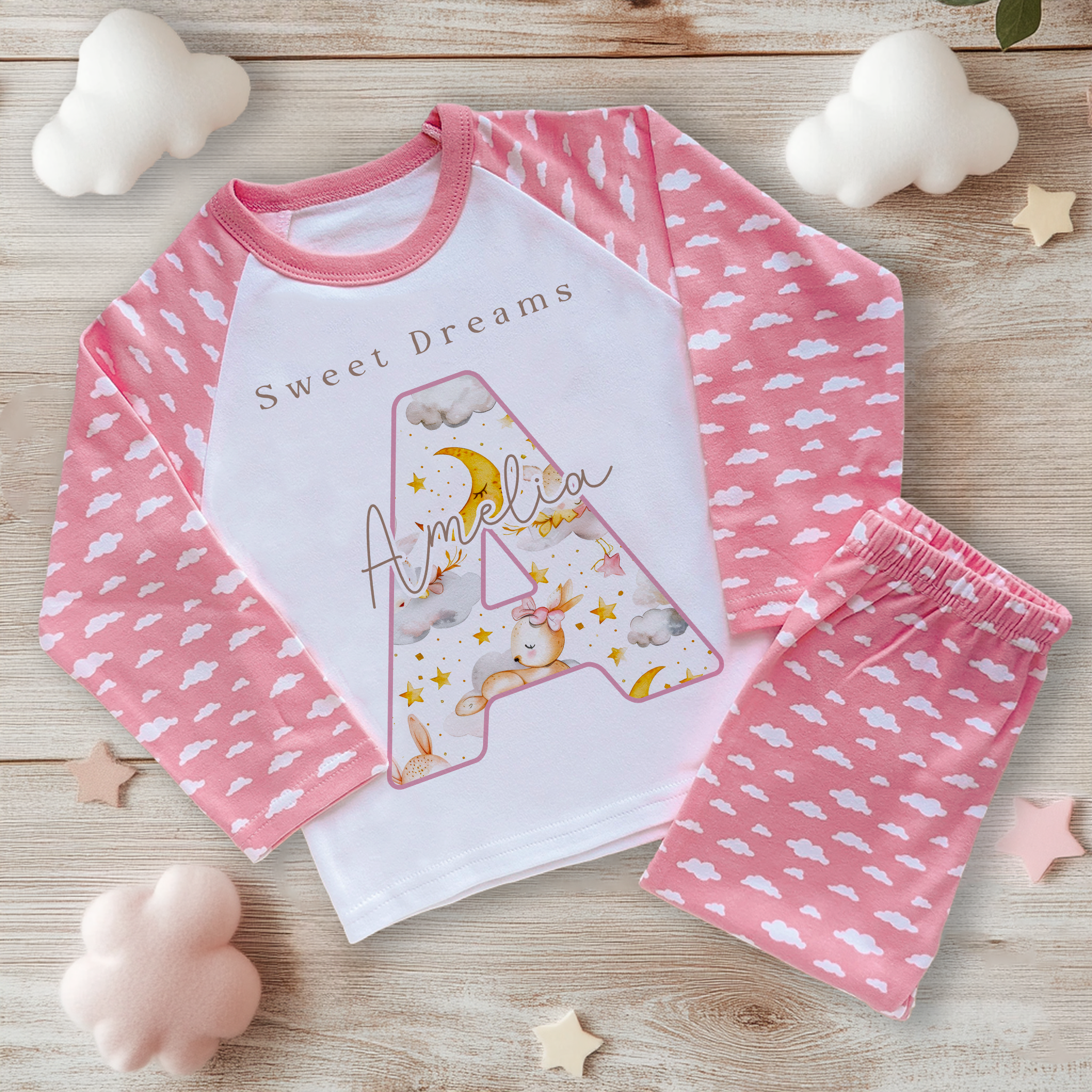 Sweet Dreams Animals Pattern Personalised Pink Toddler & Kids Pyjamas Set