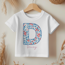 Personalised Blue Outline Mixed Floral Initial T-Shirt for Kids