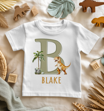 Personalised T-Rex Dinosaur, Palm Tree Initial Name T-Shirt for Kids
