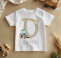 Personalised Kids Blue Tractor & Sun Initial T-Shirt for Boys