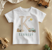 Personalised Initial Farm Animals Tractor Scene T-Shirt for Kids