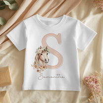 Personalised Kids Floral Wreath Horse Initial T-Shirt for Girls