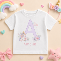 Personalised Pastel Unicorn Initial Letter Kids T-Shirt for Girls, Lilac Watercolour Floral with Name