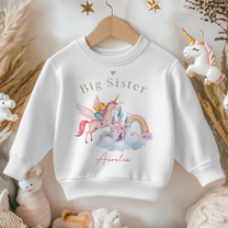 Personalised Name Girls Jumper Big Sister Pink Unicorn Princess Castle Rainbow Clouds Script for Kids Announcement Gift