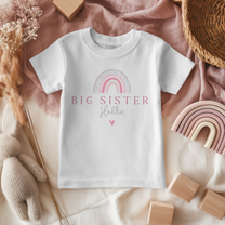 Personalised Name Girls T-Shirt Big Sister Rainbow Heart Boho Script for Kids Announcement Gift