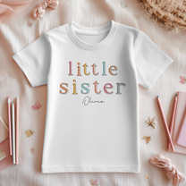 Personalised Little Sister Pastel Outline Letters Kids' T-Shirt for Girls