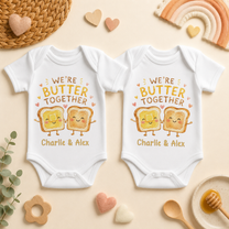 Personalised Twins Butter Together Toast Baby Vest Bodysuit Set, Matching Pair with Names