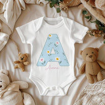 Personalised Blue Initial Daisy Flowers Baby Bodysuit