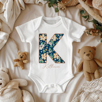 Personalised Dark Blue Floral Baby Grow with Initial