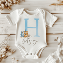 Personalised Blue Initial Teddy Bear Train Baby Bodysuit