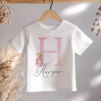 Personalised Kids Pink Initial Teddy Bear in Dress T-Shirt for Girls