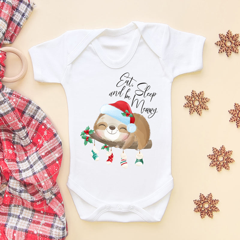 Eat, Sleep And Be Merry Christmas Sloth Baby Bodysuit (5861001461832)