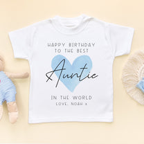 Personalised Best Auntie Birthday Blue Heart T-Shirt for Kids