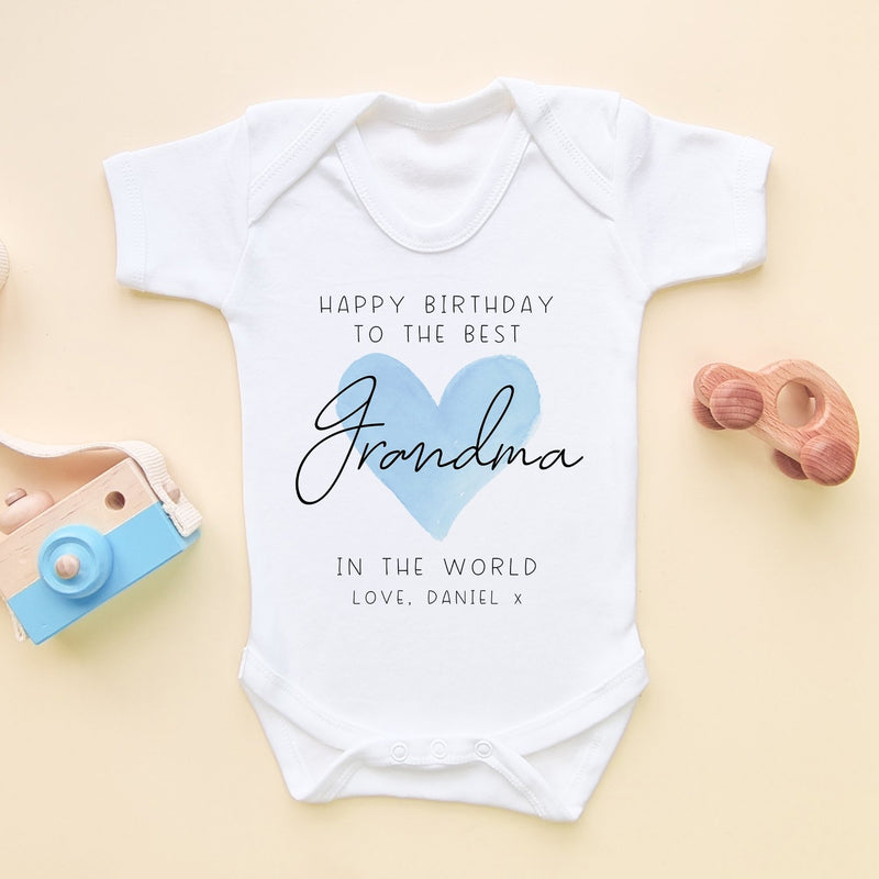 Happy Birthday Grandma Blue Heart Personalised Baby Bodysuit - Little Lili Store (8315525792024)