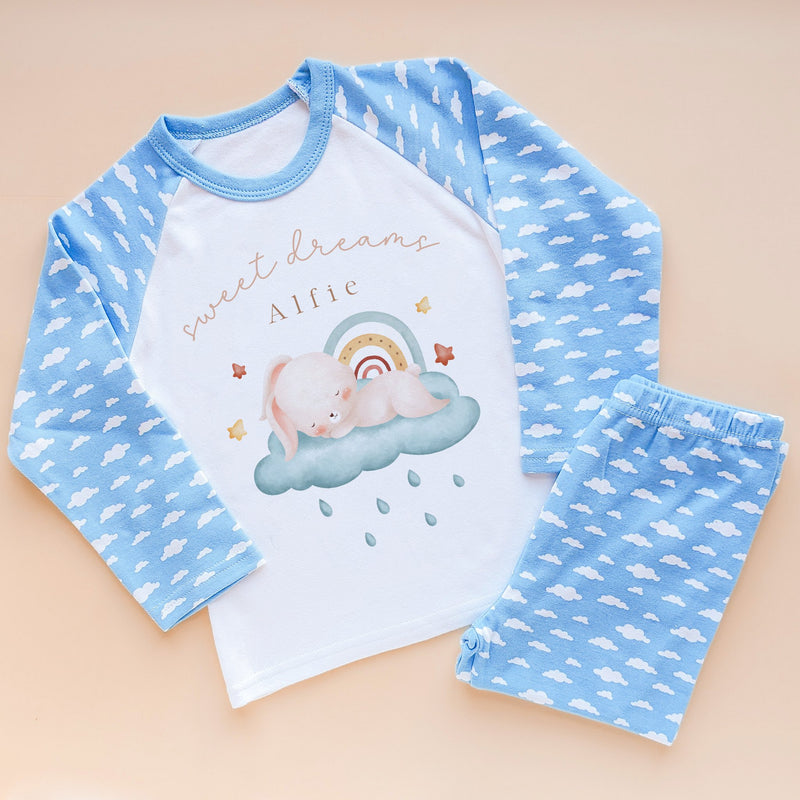 Sweet Dreams Rainbow Bunny Blue Personalised Pyjamas Set - Little Lili Store (8715946983704)