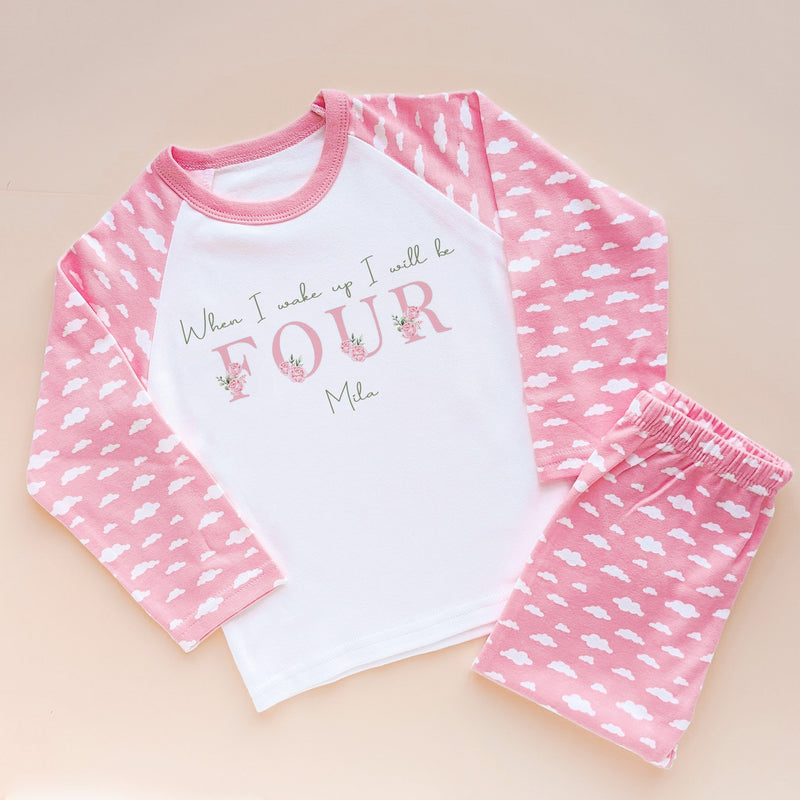 When I Wake Up I Will Be Four Personalised Birthday Pink Floral Pyjamas Set - Little Lili Store (8569908298008)