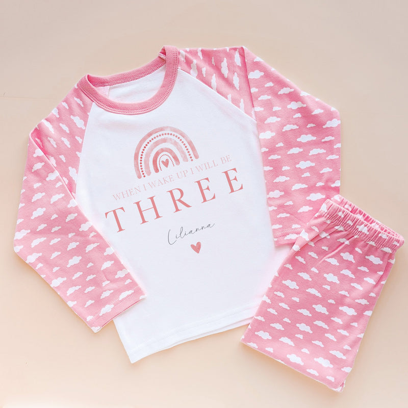 When I Wake Up I Will Be Three Personalised Pink Rainbow Birthday Pyjamas Set - Little Lili Store (8568664850712)