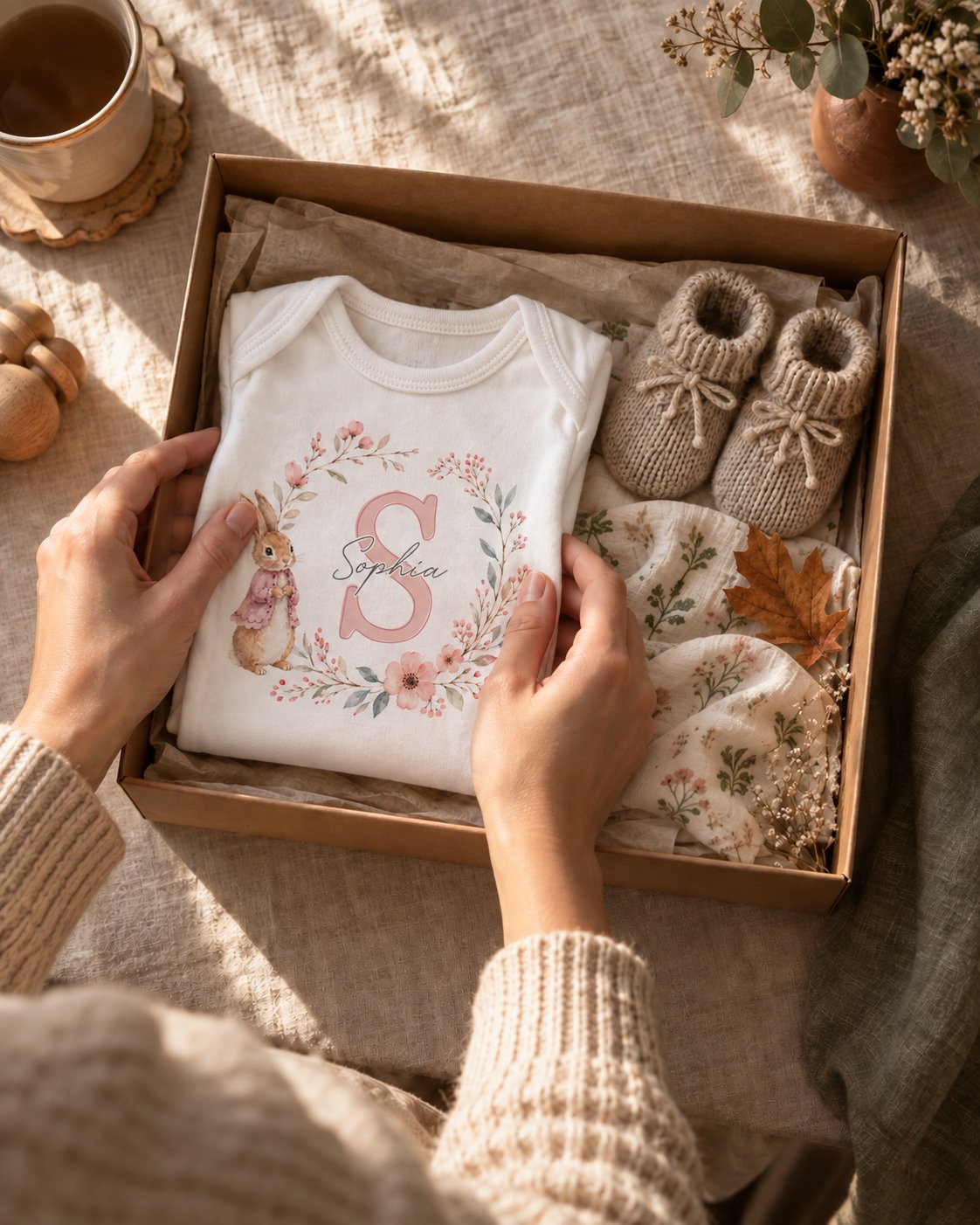 A personalised bunny and initial bodysuit gently folded in a keepsake box