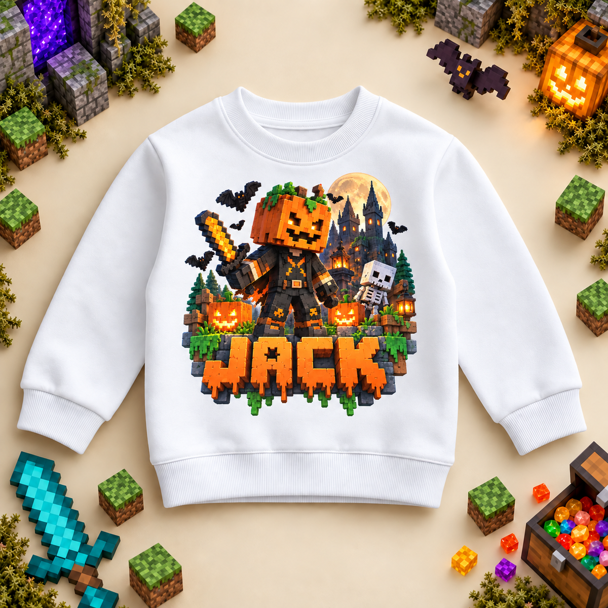 Personalised Halloween Pumpkin Knight Sweatshirt for Kids; personalised name shown as an example.
