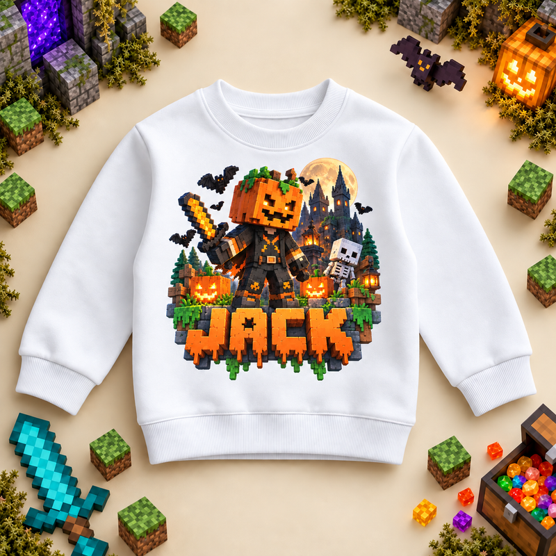 Personalised Halloween Pumpkin Knight Sweatshirt for Kids; personalised name shown as an example.