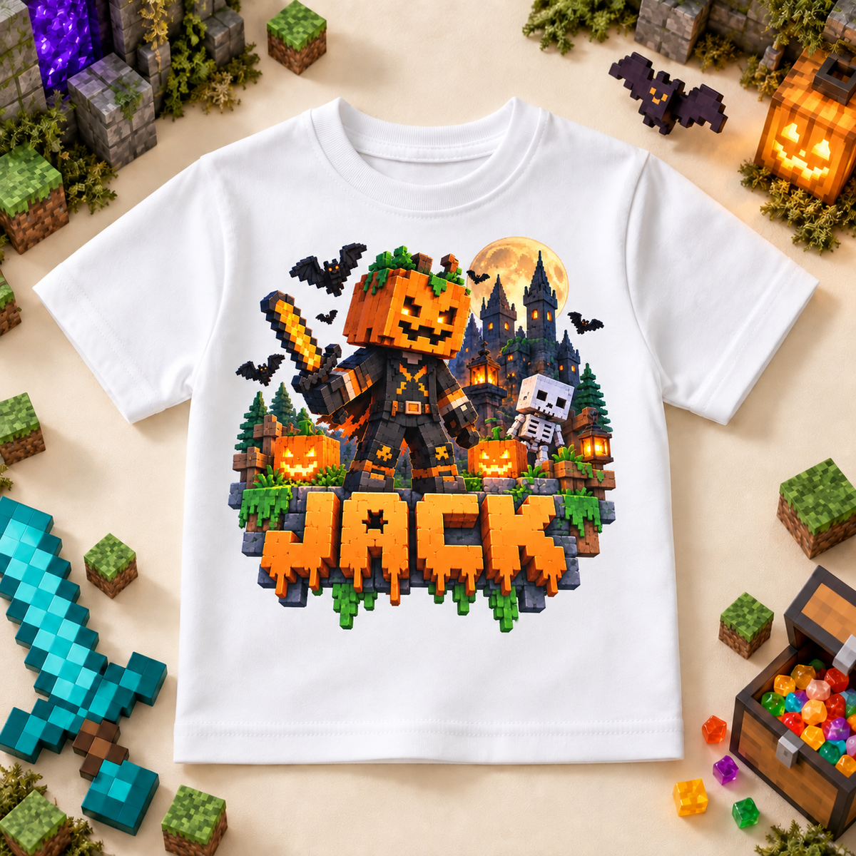 Personalised Halloween Pumpkin Knight T-Shirt for Kids; personalised name shown as an example.