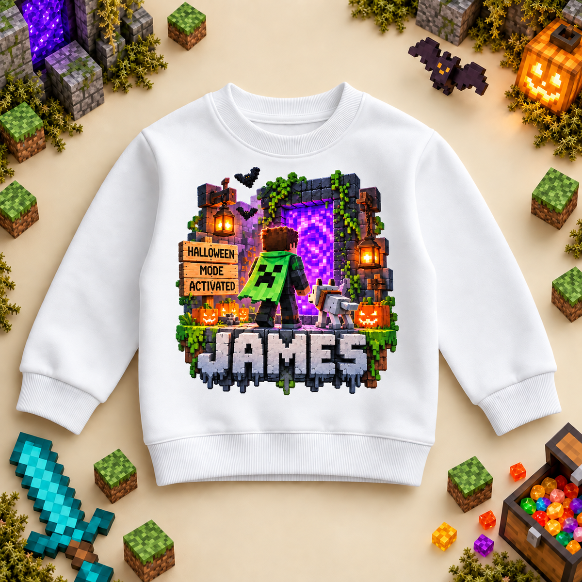 Personalised Halloween Haunted Portal Sweatshirt for Kids; personalised name shown as an example.