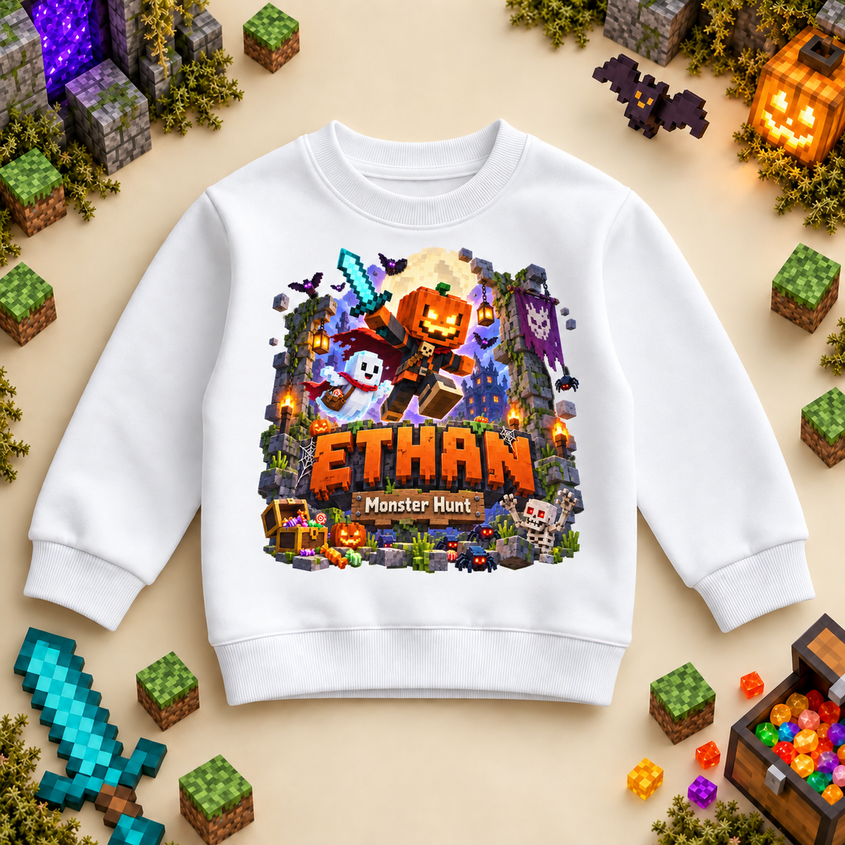 Personalised Halloween Monster Hunter Sweatshirt for Kids; personalised name shown as an example.