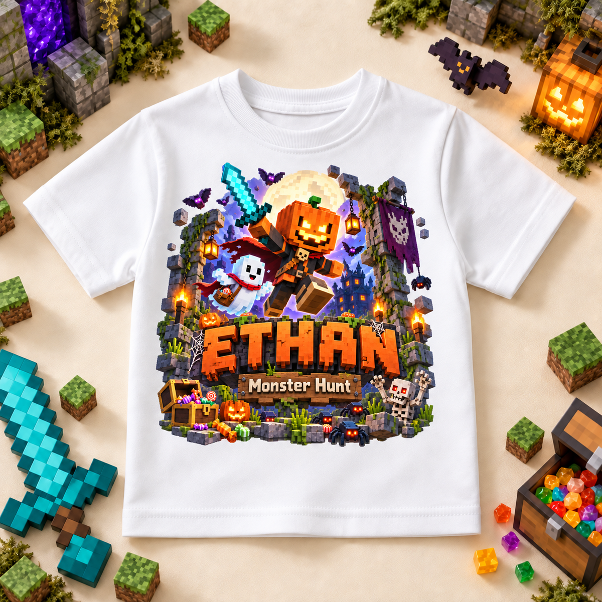 Personalised Halloween Monster Hunter T-Shirt for Kids; personalised name shown as an example.