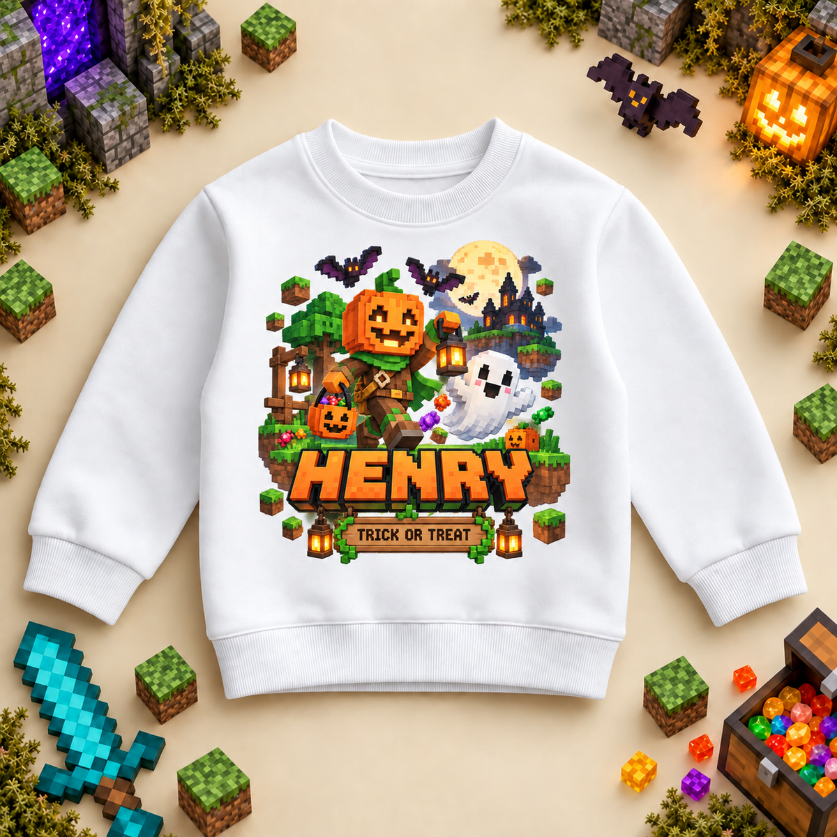 Personalised Halloween Trick or Treat Pumpkin Sweatshirt for Kids; personalised name shown as an example.